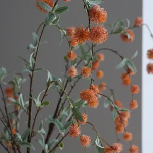 Artificial orange pom pom flower branches faux plant stems for home decor vase arrangement