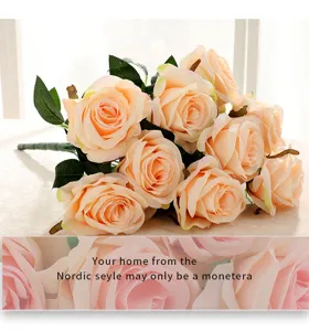 Close-up detail of artificial silk rose bouquet in peach color, perfect for home and wedding decor.