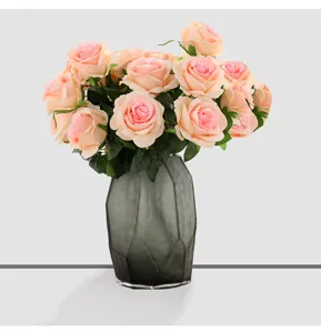 Artificial rose bouquet with grey vase for home decor wedding party 9 heads silk flowers