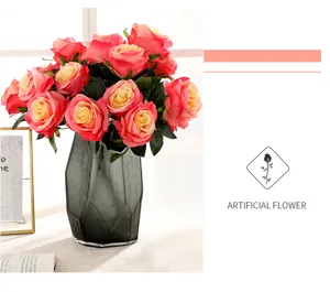 Artificial 9-head rose bouquet with dark vase home wedding decoration faux flower