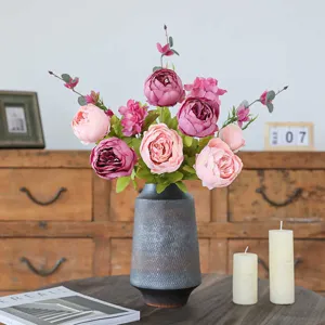 Bouquet di rose ponie artificiali con vaso, 13 teste di fiori finti per decorazione casa e matrimonio