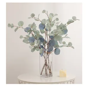 Artificial eucalyptus leaves in glass vase fake plant home decor wedding floral arrangement