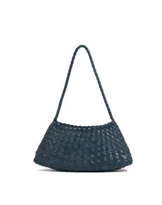 Woven leather shoulder bag for women elegant underarm bag stylish french style navy blue handbag