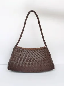 Borsa a spalla in pelle intrecciata da donna, borsa sottobraccio marrone retrò chic.