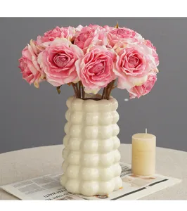 French style artificial rose flowers bouquet with bubble ceramic vase for home decor.