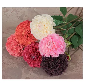 Close-up detail view of colorful artificial dahlia flowers bouquet, home decor photography props.