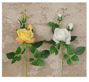 Close up view of artificial rose flower branches detail, realistic fake floral decor for home.