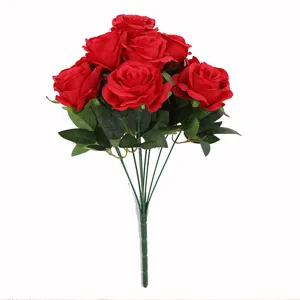 Artificial red rose bouquet, 9 heads silk flowers for home wedding decoration and parties.