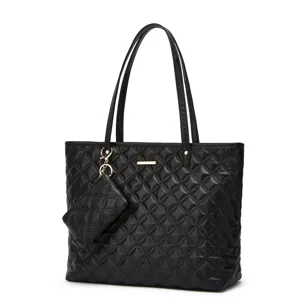 Sac cabas matelassé noir pour femme avec pochette assortie, grand sac à épaule pratique.