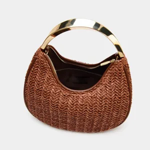 Woven dumpling handbag featuring elegant metal top handle, stylish brown purse for women style.