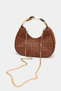 Elegant brown woven dumpling bag with polished metal handle and chic chain strap for women.