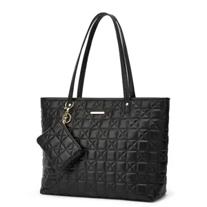 Sac cabas matelassé noir pour femme, grand sac d'épaule fourre-tout avec pochette assortie.