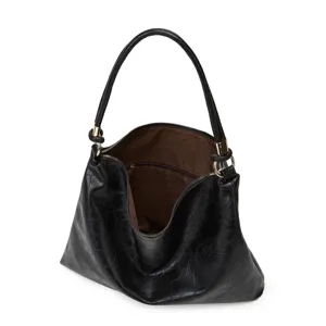 Schwarze weiche Leder Vintage Umhängetasche, lässige große slouchy Handtasche Details.