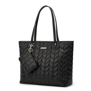 Sac cabas matelassé noir pour femme avec petite pochette assortie, beau sac élégant.