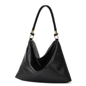 Schwarze geknitterte Leder Hobo Umhaengetasche laessige Retro Shopper Handtasche Damen