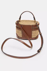 Bolso bandolera de paja y cuero marrón, elegante bolso de hombro estilo lonchera para mujer.