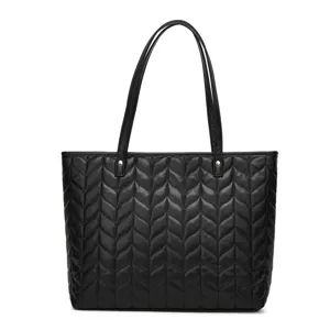 Sac cabas matelassé noir pour femmes, élégant sac à épaule chevron pour le travail, grand format.