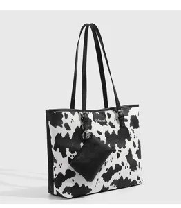 Kuhfell-Print Shopper mit kleiner Tasche, stilvolle PU-Leder Umhängetasche für Damen Alltag.