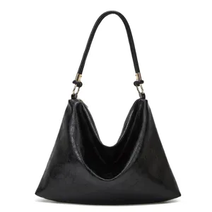Schwarze Leder-Hobo-Umhängetasche retro lässige Shopper Tasche stilvolle Handtasche