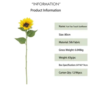 Artificial sunflower detail view showing stem length, leaf texture and material spec.