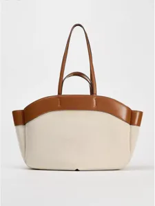 Borsa tote in tela con finiture in pelle marrone, grande borsa a spalla per lavoro e shopping.