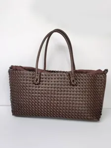 Bolso Tote Tejido de Gran Capacidad para Mujer Bolso de Mano de Cuero PU Bolso de Hombro Casual