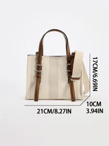 Bolso cruzado de lona beige con ribete de cuero marrón, bolso casual para trabajo.