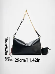 Black chic hobo shoulder bag with chain strap, casual PU leather pillow tote purse.