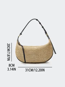 Chic straw hobo shoulder bag with black leather strap, stylish dumpling shape purse for women.