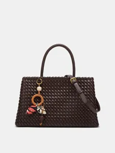 Women Woven PU Leather Tote Bag Casual Handbag Chic Shoulder Crossbody Bag With Pendant Fashion Daily Purse