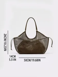 Braune Mesh-Tasche Detailansicht mit Maßen 50x26x14cm für elegante Vintage-Pendler-Modestyle.
