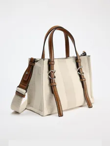 Bolso tote de lona beige con asas de cuero marrón, bolso cruzado informal para mujer.