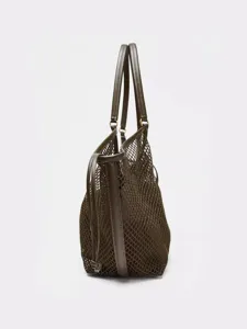 Modische Netztasche für Damen, große Pendler Handtasche mit Ledergriffen und Kordel.