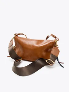 Brown casual slouchy shoulder bag, large capacity PU leather pillow crossbody bag details.