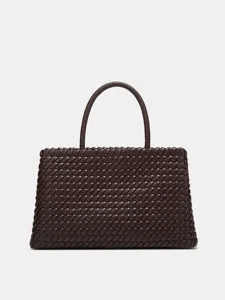 Dark brown woven leather handbag, stylish top handle tote bag for women daily fashion use.