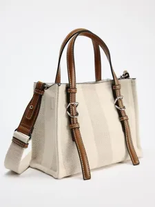 Bolso cruzado de lona beige para mujer, bolso de hombro casual con asa superior y correa.