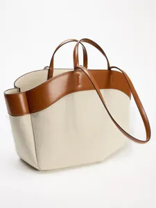 Borsa shopper in tela da donna, grande borsa a tracolla elegante con finiture in pelle.