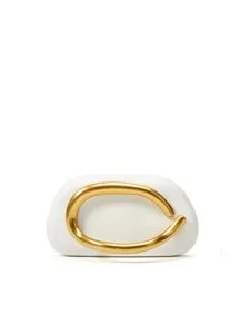 White mini clutch box bag with unique curved gold metal handle, chic stylish shoulder bag.