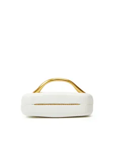 White leather hard clutch bag detail, elegant gold curved metal handle and clasp design.