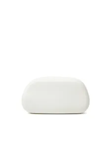 White hardcase clutch bag detail view, modern minimalist mini crossbody handbag design.