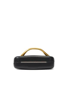 Black hardcase clutch bag with elegant curved gold metal handle for evening and party wear.