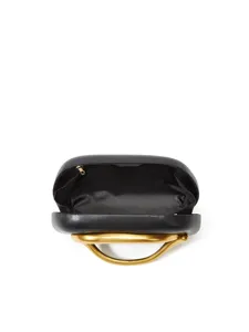 Black box clutch bag with unique gold metal handle detail, elegant mini crossbody purse.