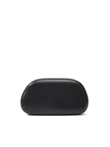 Black leather hard clutch bag detail, mini structured design, sleek minimalist accessory