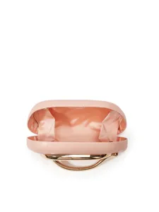 Pink metal handle evening clutch bag detail view showcasing open satin interior lining.