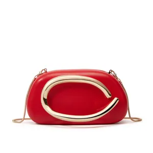 Red leather mini shoulder bag featuring large gold C hardware detail and chain strap.