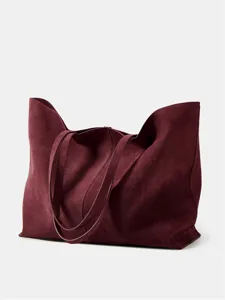 Large burgundy suede tote bag, stylish shoulder handbag for women daily commuting.