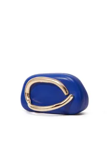 Chic blue box clutch bag featuring a unique metallic gold handle, elegant mini crossbody style.