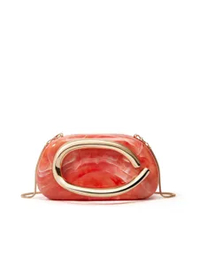 Coral marble hard clutch bag with gold C hardware elegant mini shoulder crossbody bag