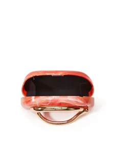 Orange resin marble box clutch bag detail, gold metal handle, stylish evening party handbag.