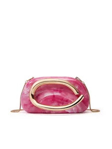 Pink marbled resin box clutch bag with luxury gold metal C decor and thin chain strap.